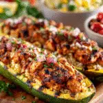 Grilled Zucchini Boats with Spiced Chicken & Rice: Discover a healthy, flavorful meal! 3 Grilled Zucchini Boats with Spiced Chicken & Rice