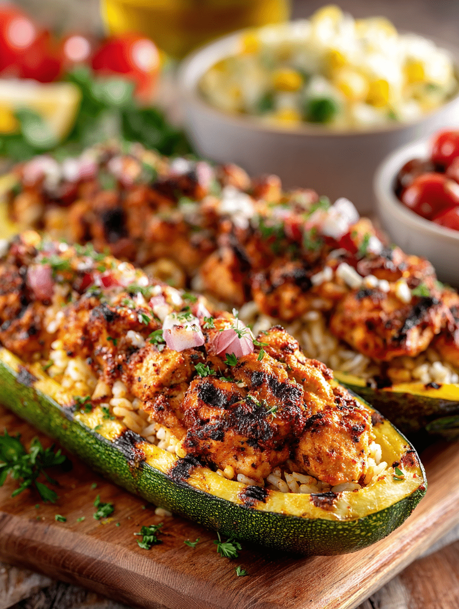 Grilled Zucchini Boats with Spiced Chicken & Rice