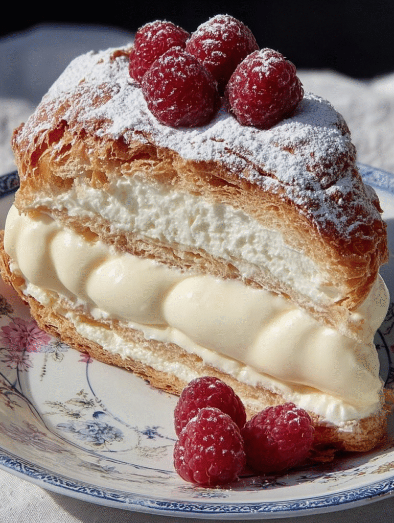 Cream Puff Cake Slice with Raspberries
