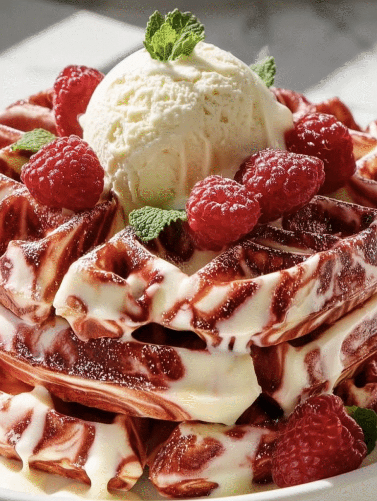 Red Velvet Marble Waffles with Cream Cheese Drizzle