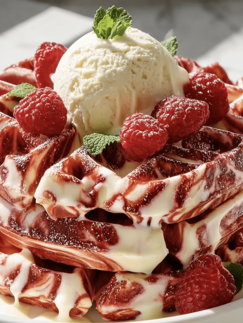 Red Velvet Marble Waffles with Cream Cheese Drizzle