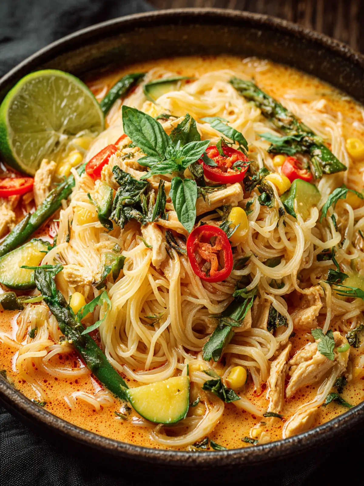Thai Red Curry Chicken Noodles with Summer Vegetables First Image