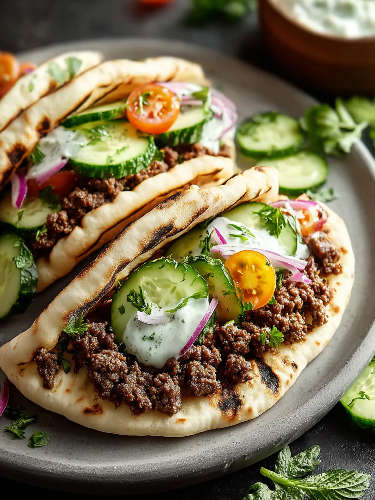 Savory Ground Beef Pitas and Cucumber Salad First Image