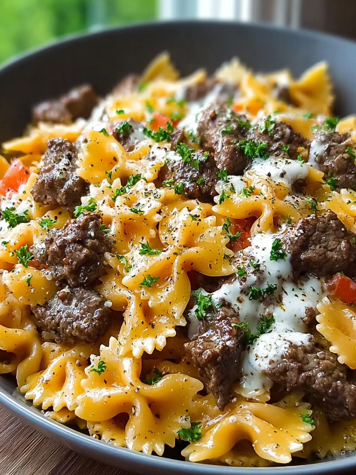 Easy Garlic Butter Beef Bowtie Pasta – So Cheesy! First Image
