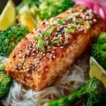 Honey Sesame Salmon with Rice Noodles & Roasted Veggies First Image