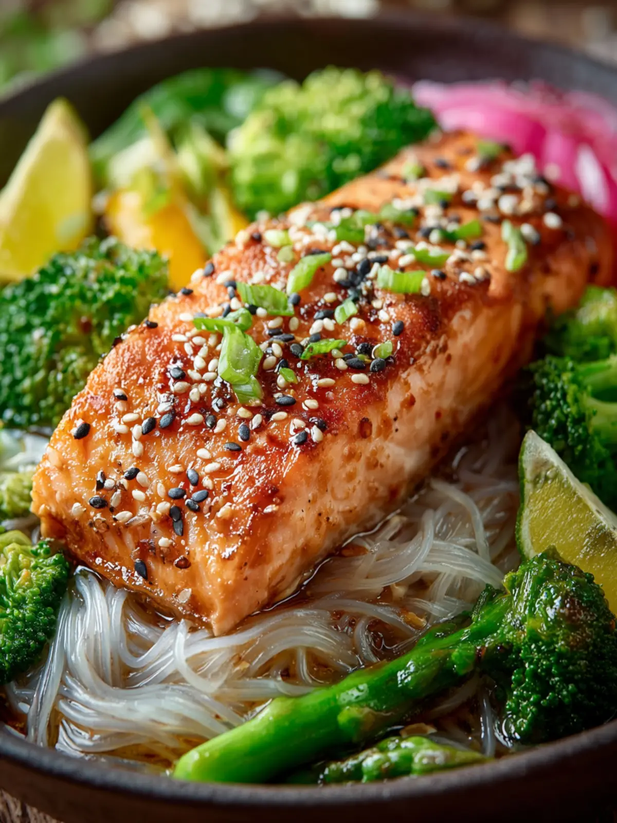 Honey Sesame Salmon with Rice Noodles & Roasted Veggies First Image