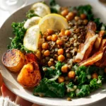 warm kale salad with lentils roasted potatoes and crispy chickpeas First Image