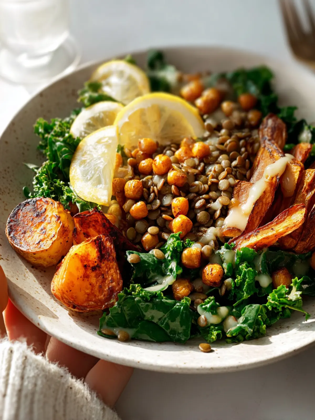 warm kale salad with lentils roasted potatoes and crispy chickpeas First Image