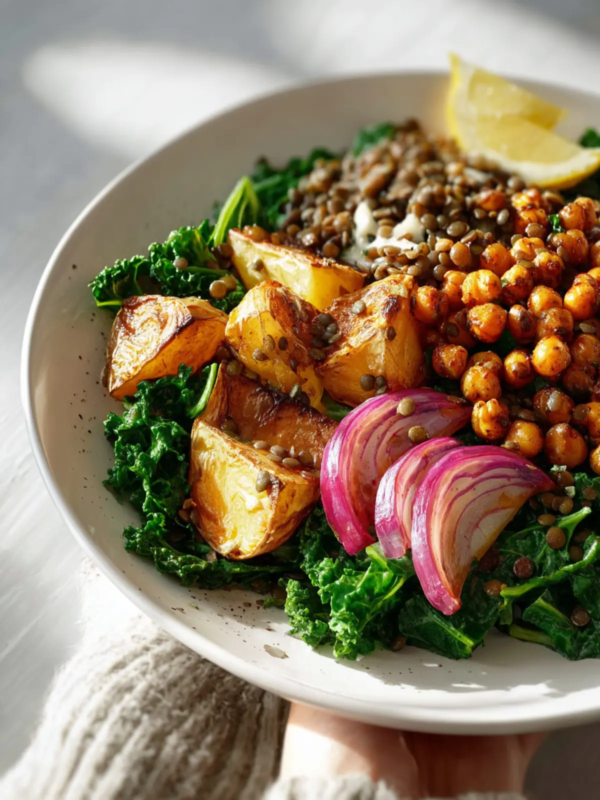 warm kale salad with lentils roasted potatoes and crispy chickpeas Fourth Image yk0cae