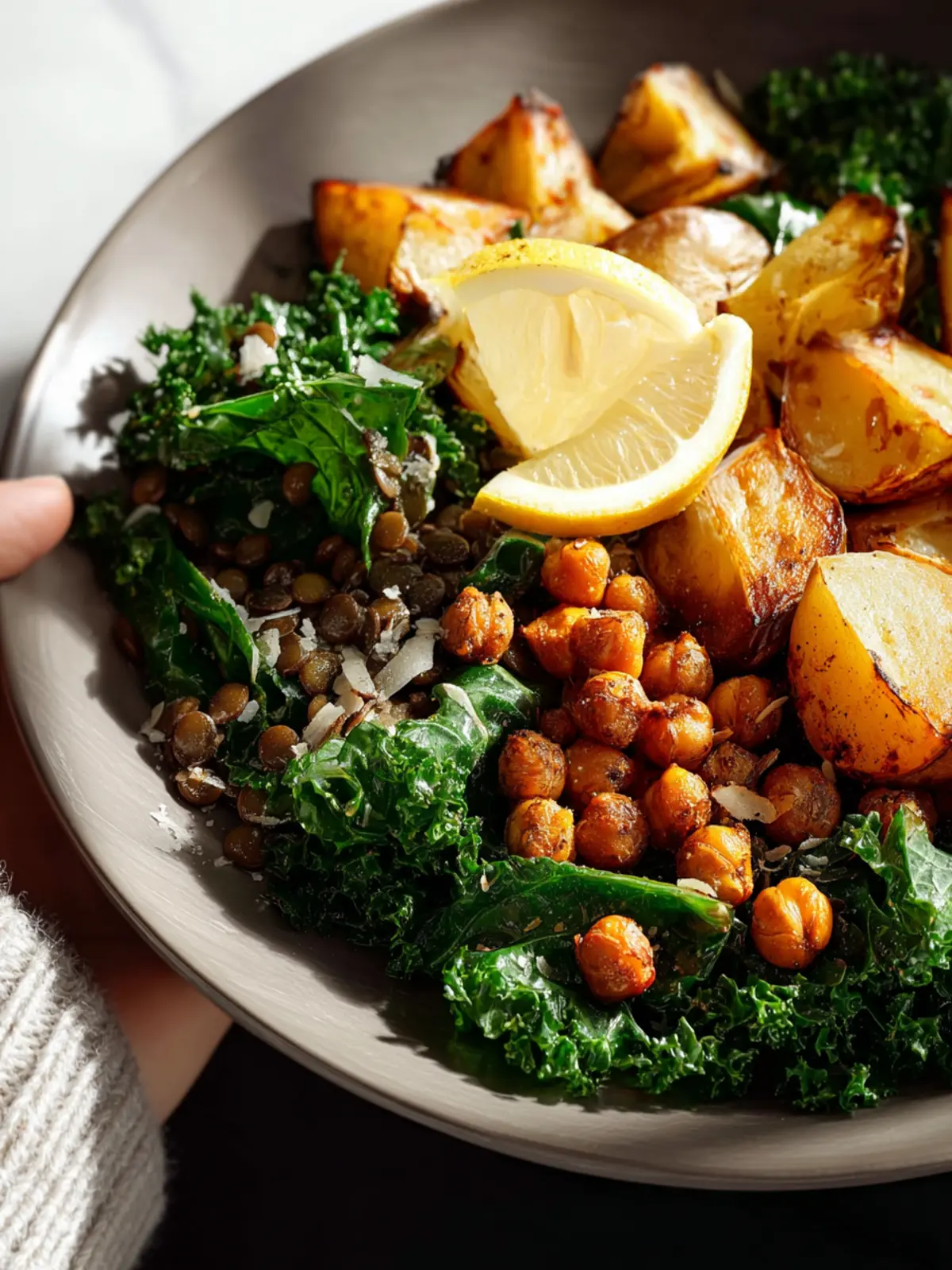 warm kale salad with lentils roasted potatoes and crispy chickpeas Second Image uiotpq