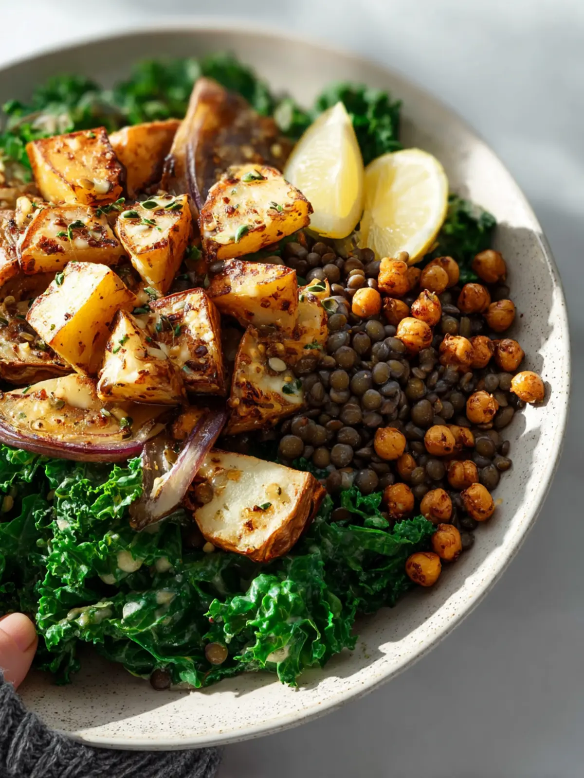 warm kale salad with lentils roasted potatoes and crispy chickpeas Third Image uykw9z